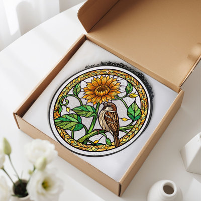 Sunflower Bird Stained Glass Window Panel，7.8H