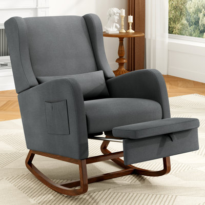 Modern Nursery Rocking Chair with Footrest, Upholstered Accent Armchair with Solid Wood Base
