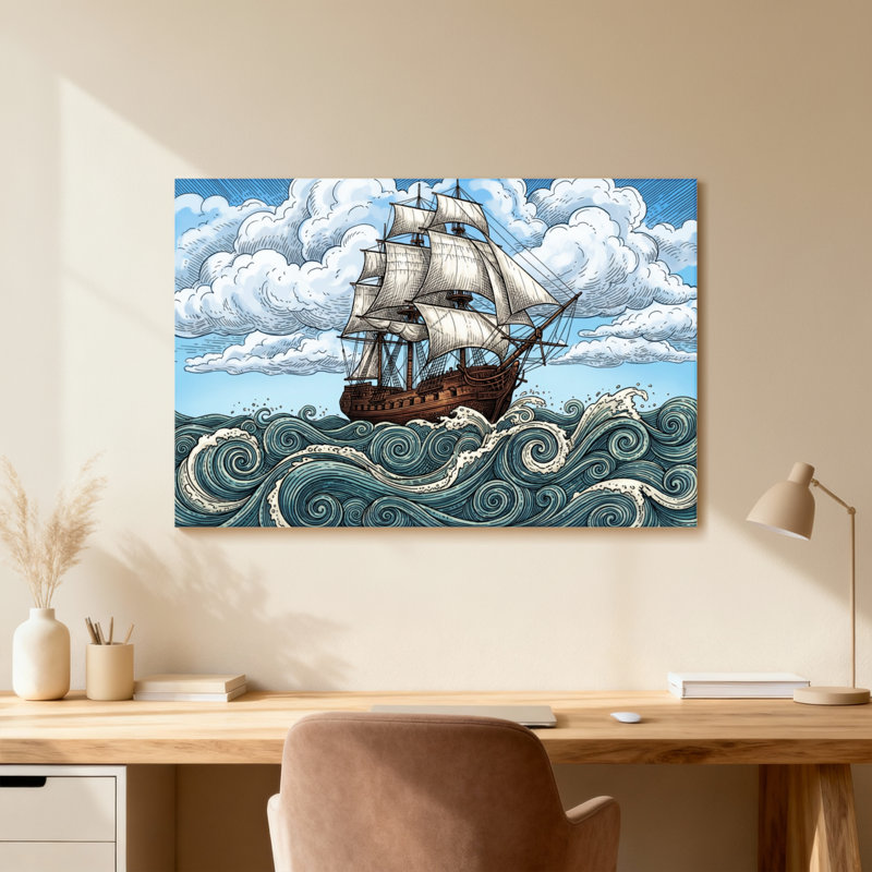 Voilier sur les vagues de l'océan orageux, H 16 po x l 24 po, Cadre photo unique, Grain de bois clair