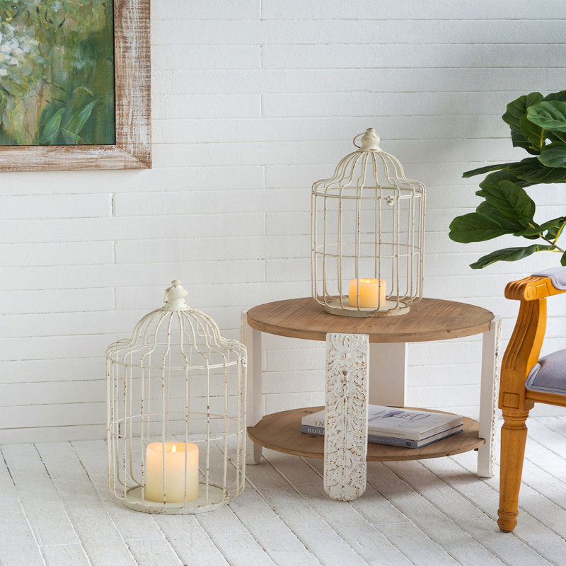 S / 2 lanternes de cage à oiseaux en fer blanc vieilli avec sommiers fleuris, L: 10,5 x 10,5 x 26,5 po; S: 9 x 9 x 22,5 po
