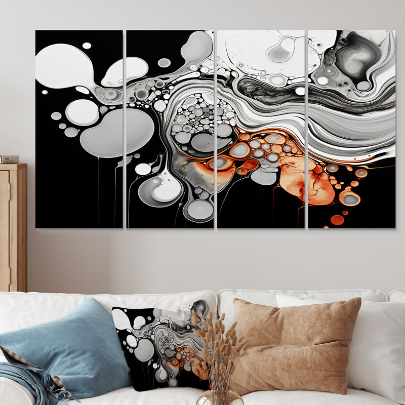 Encre liquide grise et noire Fusion III - art abstrait 4 pièces, ensemble d'art mural, H 28 po x l 48 po