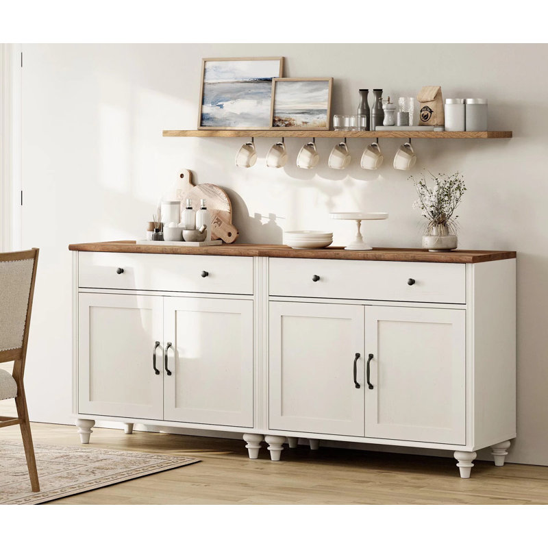 Buffet 68 po avec 4 portes et 2 tiroirs, grande table basse avec beaucoup de rangement, ensemble de 2, Blanc