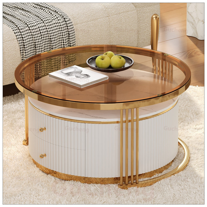 Table basse gigogne moderne 2 pièces avec tiroirs et plateau en verre trempé Modern