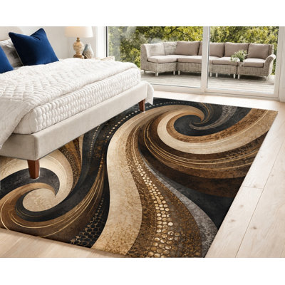 Tapis en velours moderne à motif de tourbillons abstraits brun et noir, dossier antidérapant, tapis décoratif, décoration intérieure vibrante pour le salon, la chambre à coucher, le vestibule, la cuisine, le bureau