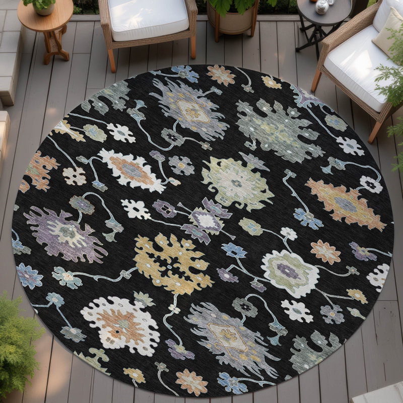 Tapis traditionnel lavable à la machine intérieur / extérieur ACN2532, Noir, Rond 8 pi