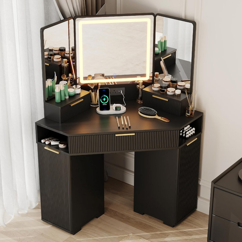 Corner Vanity Desk, Vanity Table with Lighted Mirror, Fluted Makeup Desk with Drawers and Cabinets, Corner Dressing Table with Charging Station for Bedroom