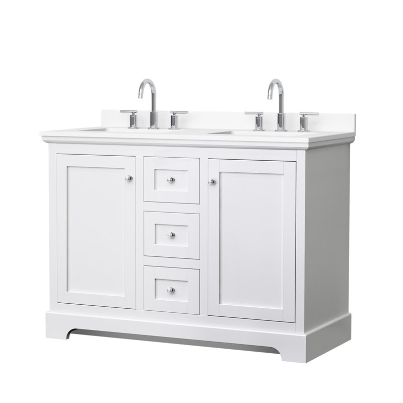 Avery 48 Inch Double Bathroom Vanity in Dark Blue, White Cultured Marble Countertop, Undermount Square Sinks (3-Hole), Brushed Gold Trim