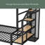 Lit superposé simple au-dessus d'un lit double en métal avec escalier de rangement et garde-robe ouverte-1776516640