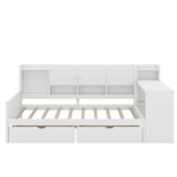Twin Size Wooden L-Shape Daybed With Cabinets And Two Storage Drawers, Multi-Functional Bed With Study Desk And Built-In Bookshelf