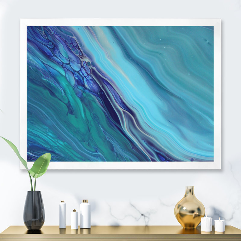 Art liquide avec vagues sur fond bleu - Toile moderne, Cadre photo blanc, H 40 po x l 30 po x P 1,5 po