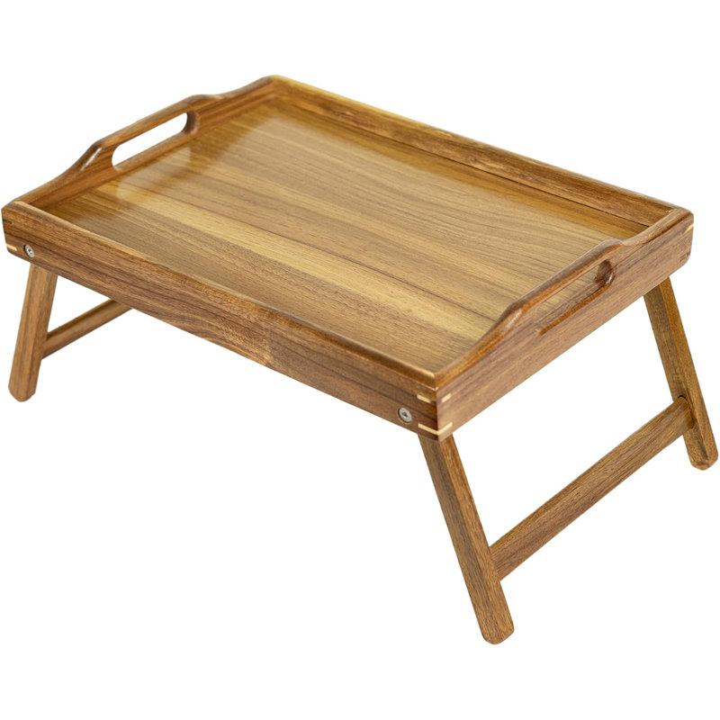 Plateau de lit en bois d'acacia avec pieds pliables - Table de service de petit-déjeuner de 17 po à bords hauts