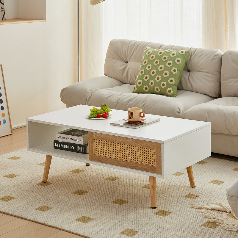 Rattan Coffee Table, Sliding Door For Storage, Solid Wood Legs, White