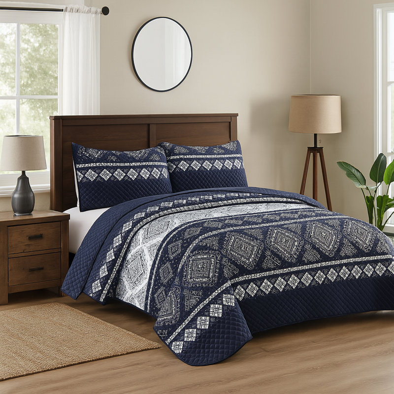 Ensemble de courtepointe géométrique en mélange de coton bleu marine et blanc, Courtepointe grande + 2 taies décoratives