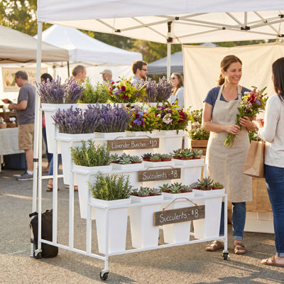 Présentoir à fleurs à 4 niveaux avec 16 seaux, chariot à fleurs en métal avec roues - blanc, pour fleuriste, mariage, patio