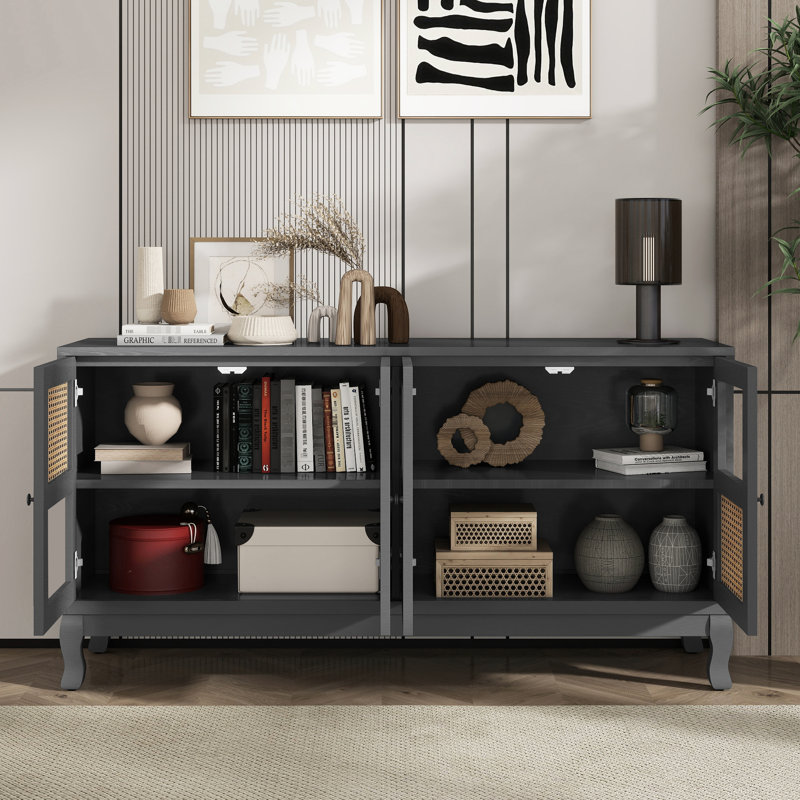 Buffet industriel gris avec de nombreuses options de rangement - 4 portes rétro. Belles portes en verre. Convient au vestibule, à la salle à manger, à la cuisine et au salon. Installation sans effort, capacité généreuse et élégante, idéale pour