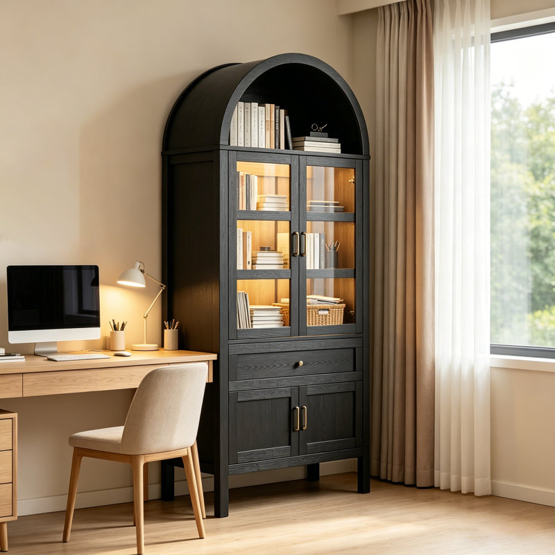 Bibliothèque cintrée de 180 cm de haut avec éclairage et portes en verre trempé, étagères réglables pour bureau et salon