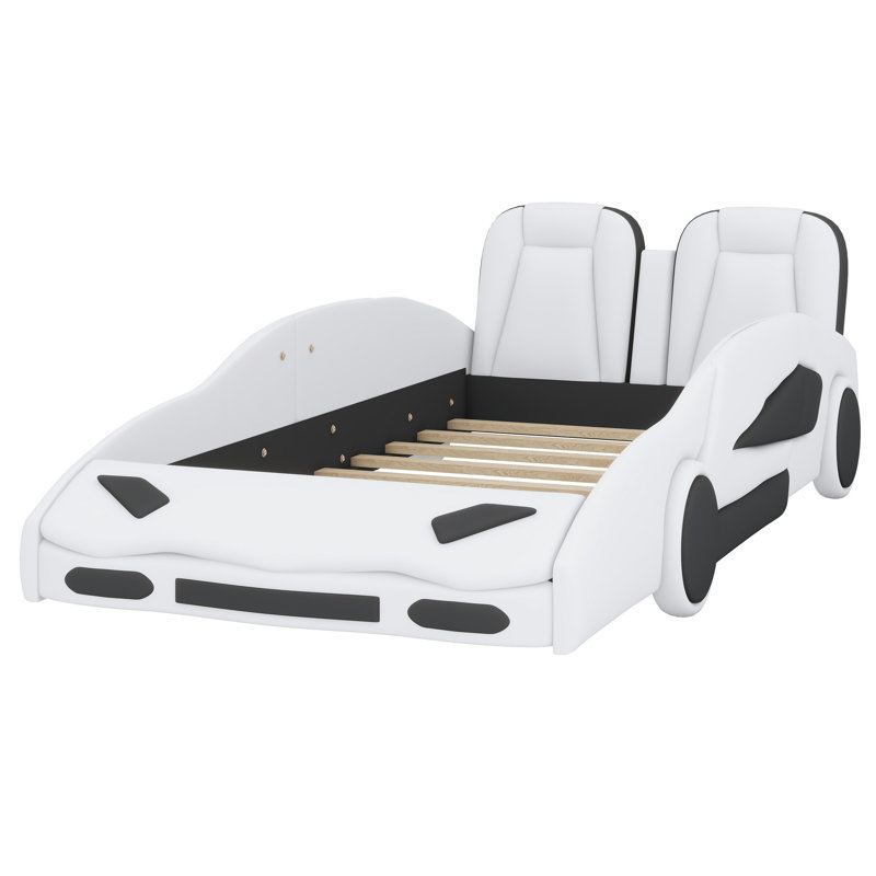 Race Car-Shaped Platform Bed With Wheels, White