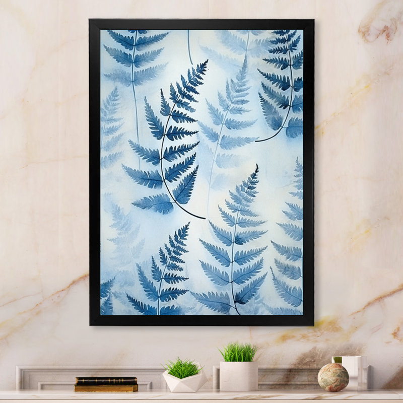 «Blue Fern Fond I» - Art mural sur toile à motif floral, H 32 po x l 16 po, Cadre photo noir