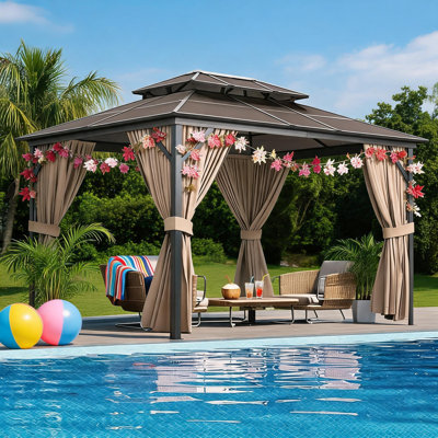 Pavillon de jardin à toit double en polycarbonate 10 pi x 13 pi, pavillon en aluminium et structure en acier galvanisé, rideaux et filet d'intimité, protection contre les rayons UV pour l'extérieur, le jardin, le patio, la pelouse et le gris foncé.