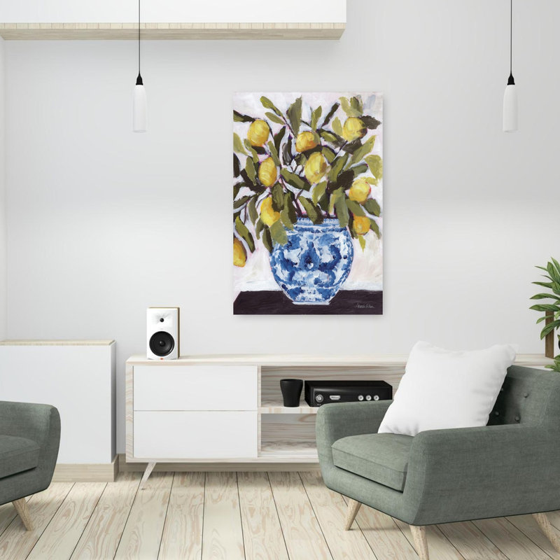 Citrons et chinoiserie, art citronnier contemporain vibrant, H 36 po x l 24 po