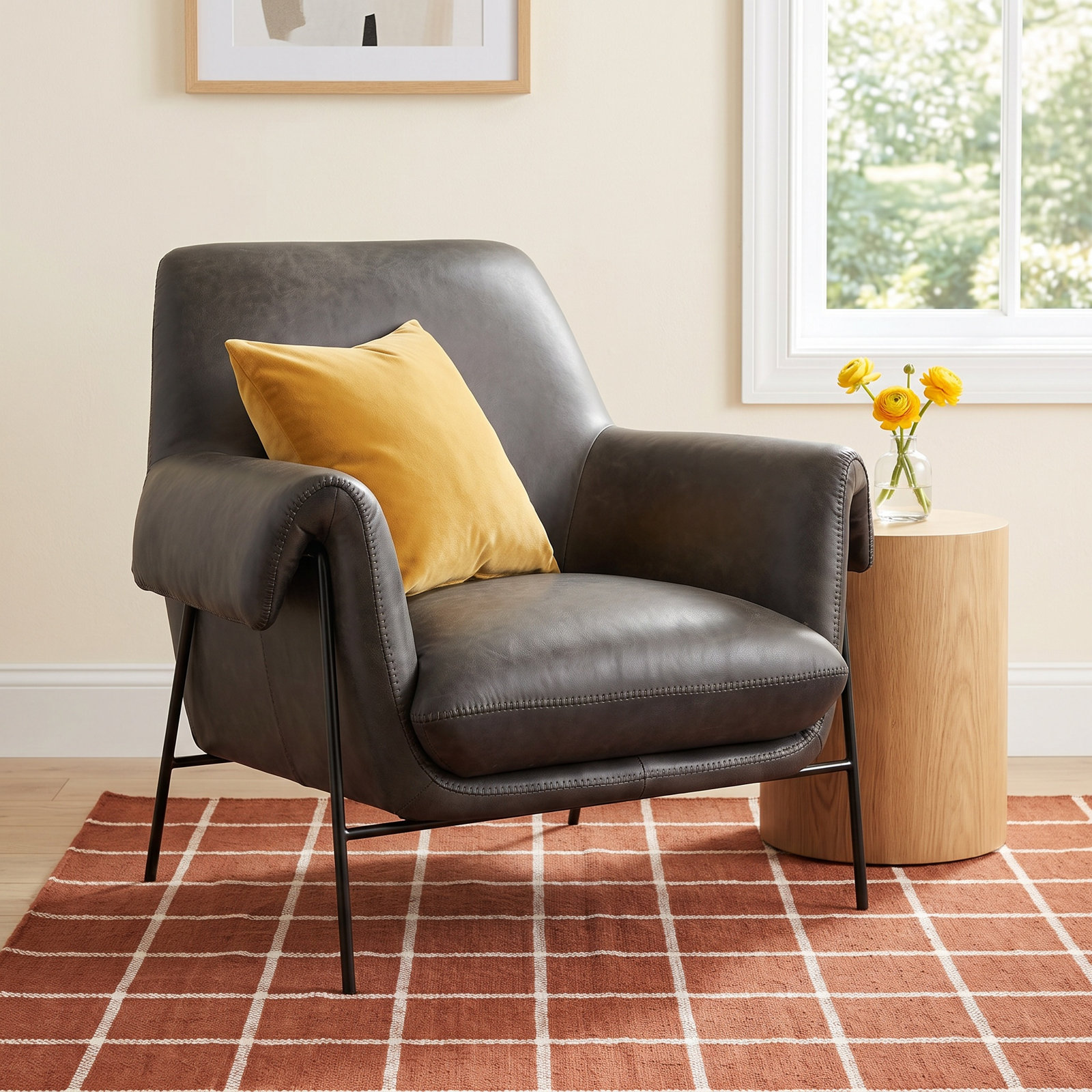 Genuine Leather Club Chair, Charcoal Top Grain Leather