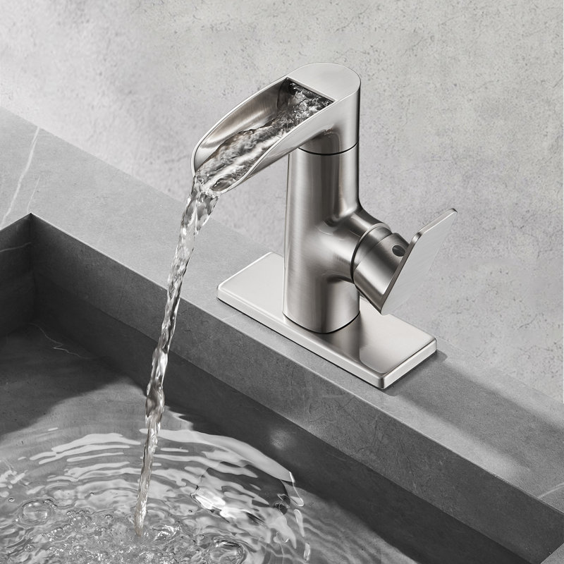 Robinet pour salle de bain à poignée double avec drain - installation monotrou, Nickel brossé