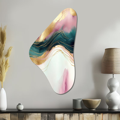 Géode abstraite marbre rose et vert III - Boomerang abstrait en forme de décoration murale irrégulière en métal