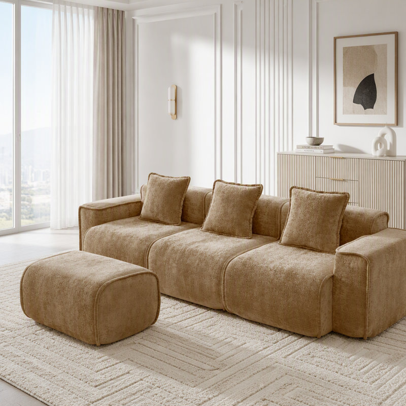 Canapé 3 pièces en forme de L avec repose-pieds et sans assemblage, 3-Seater & 1-Ottoman, Rouge