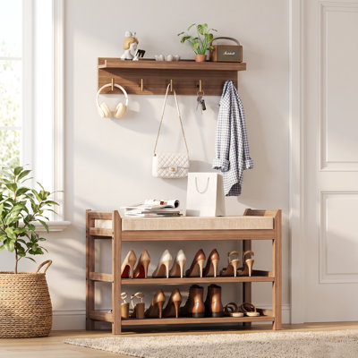 Entryway Bench, Bamboo Hall Tree with Shoe Storage, Cushioned Seat & 5 Hooks, Walnut
