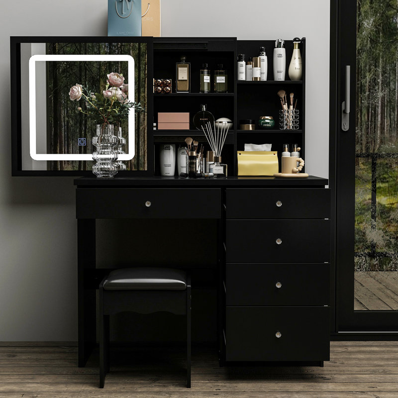 Awilda 39.4'' Wide Makeup Vanity Set with Stool and LED Mirror, Black