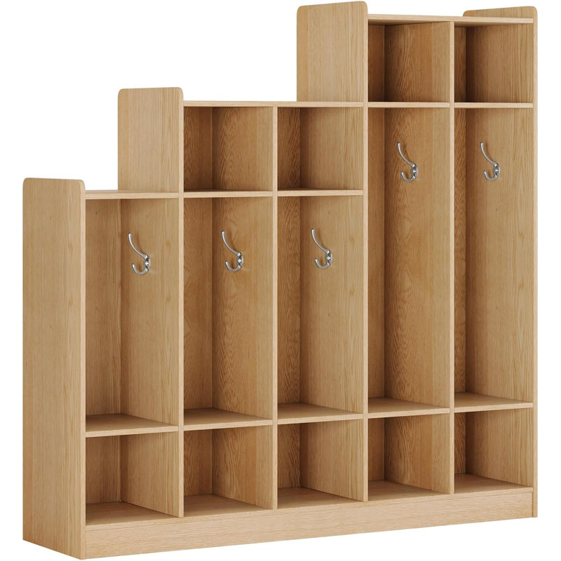 5-Section Classroom Coat Locker with 9 Cubbies, Daycare Cubby Storage Organizer with 10 Hooks, Ivory
