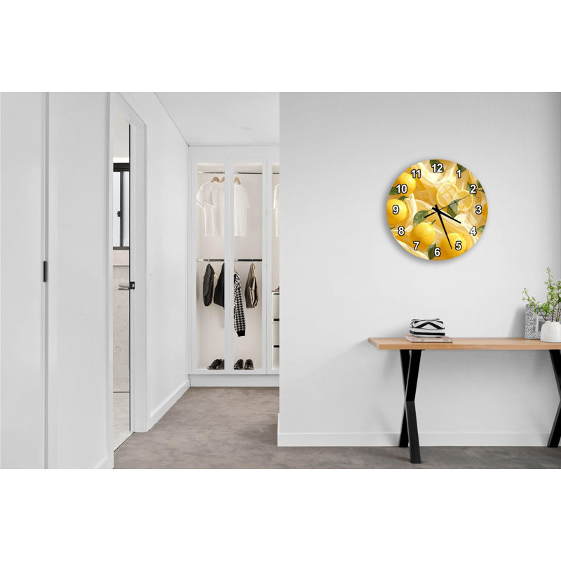 Horloge murale citron en verre trempé, décor de cuisine de fruits jaunes, horloge de style maison de campagne, cadeau maison moderne, horloge d'art agrume