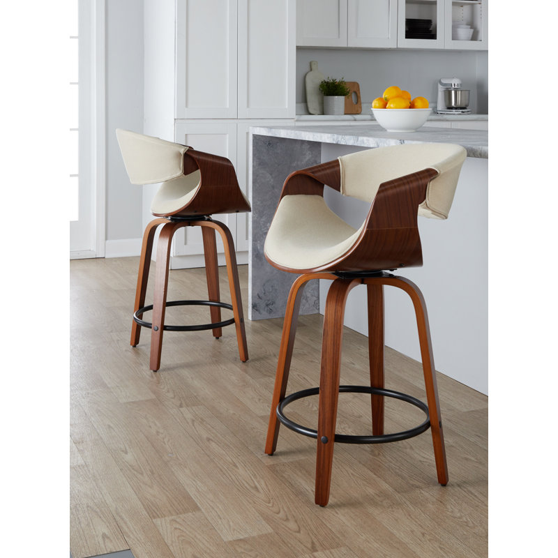 Curvini 24" Mid-Century Modern Fixed-Height Counter Stool With Swivel In Walnut Wood And Cream Fabric With Round Black Metal Footrest - Set Of 2