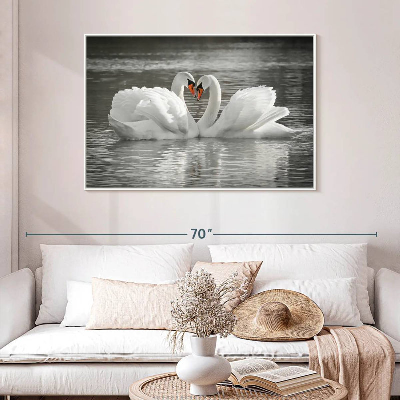 Couple de cygnes amoureux, Cadre flottant blanc, 46 po x 31 po