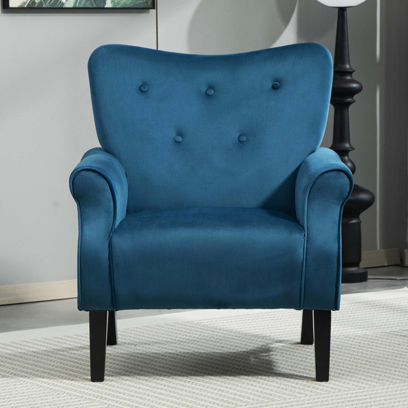 Fauteuil d'appoint à oreilles de style Mid-Century moderne avec pieds en bois robustes et haut dossier, Navy