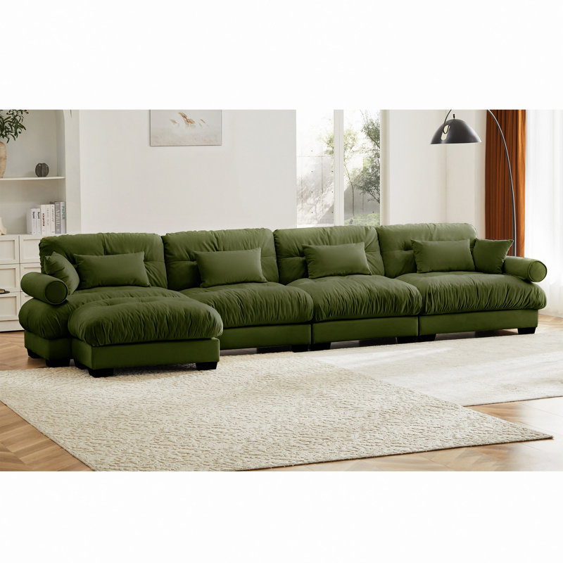 Polyvalent en forme de L avec revêtement moelleux et coussins multiples, Vert olive, H 35 po x l 166 po x P 61,8 po