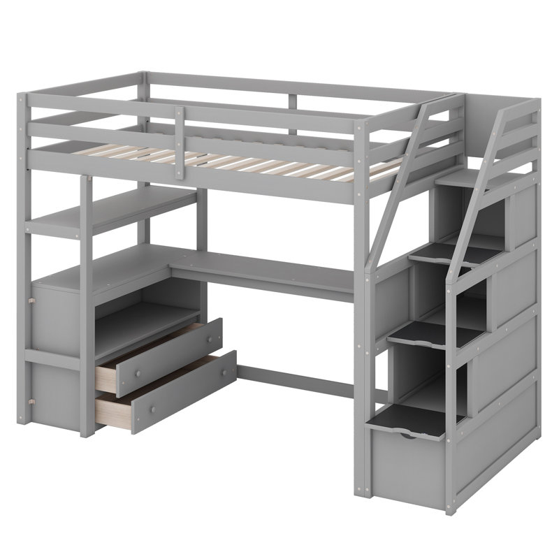 Lit mezzanine avec bureau, tablettes, deux tiroirs intégrés et escalier de rangement, Simple, Gris