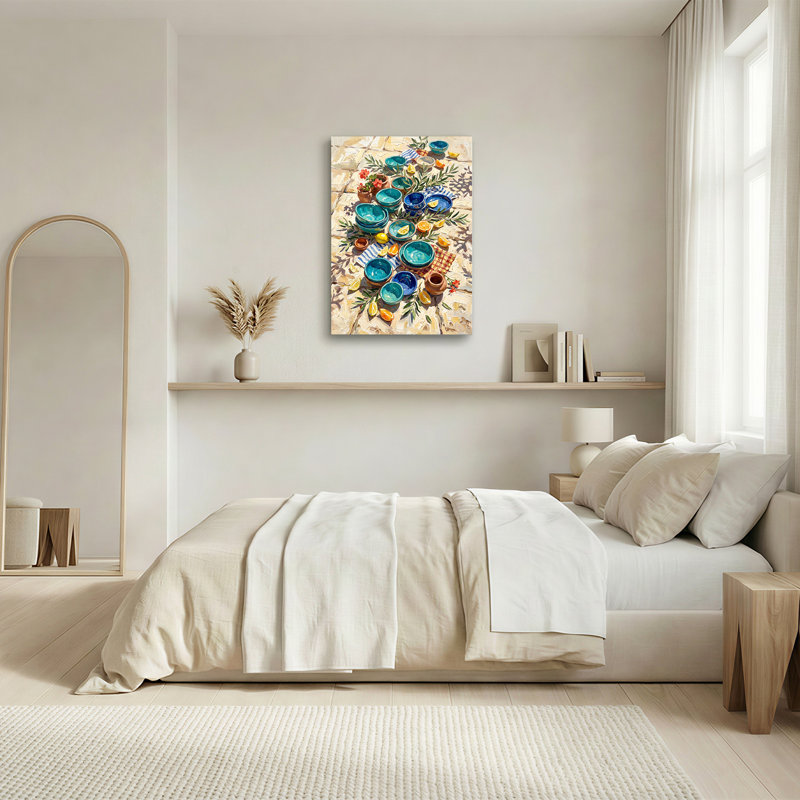 Art mural sur toile en céramique bleue avec citrons oranges et branches olive, H 48 po x l 32 po