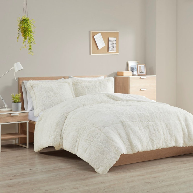 Ensemble d'édredon à poil long simple / simple TG, Ivoire ivoire, Édredon pour lit simple + 1 taie décorative stan