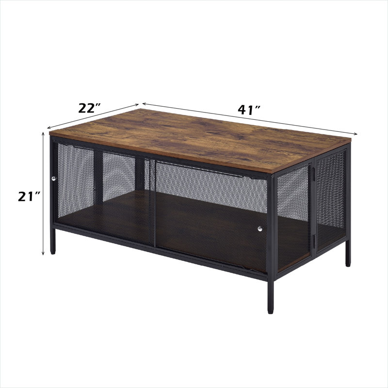 Table basse de 41 pouces avec finition chêne antique et base en métal noir, table de salon rectangulaire