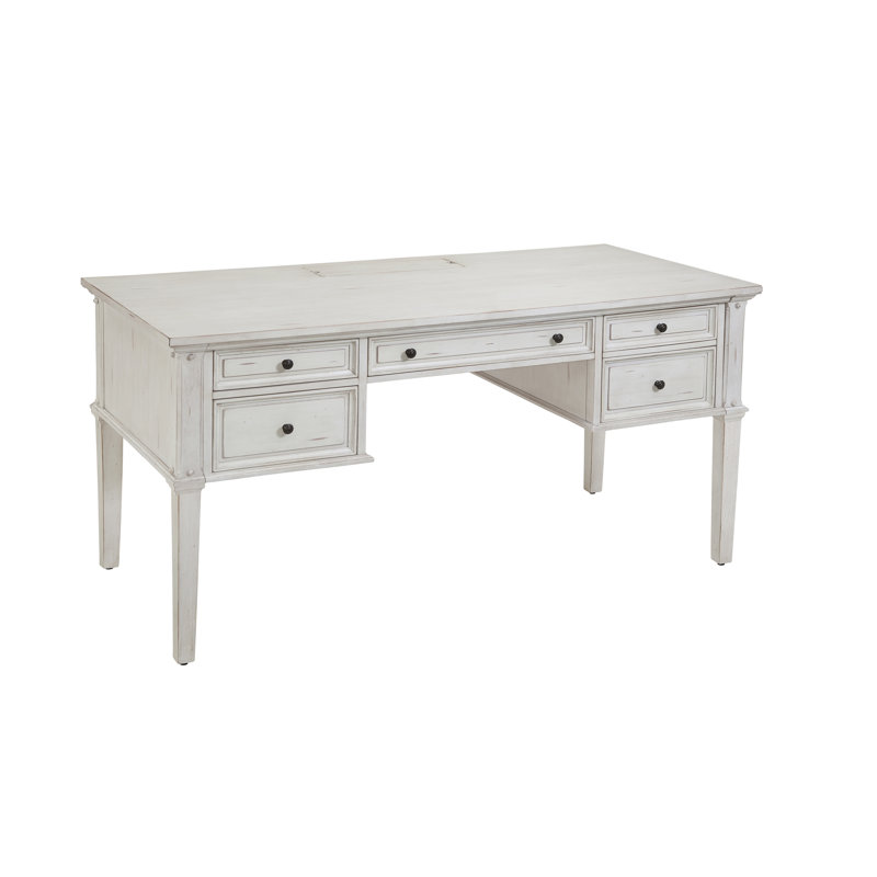 Ilfracombe Solid Wood Writing Desk with Power Outlet, Antique Cobblestone White