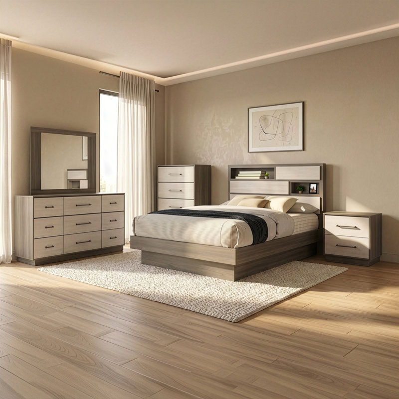 Ensemble de chambre à coucher Helvey, Grand lit, 5 Pcs: Bed, Nightstand, 2 Dressers, Mirror