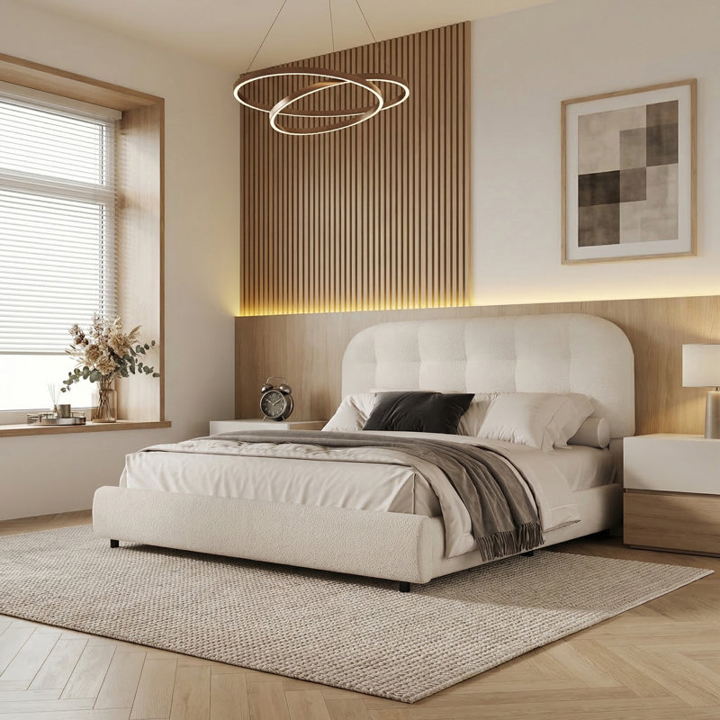 Lit plateforme tapissier avec tête de lit Hayden Boucle, base de lit Cloud, coins arrondis doux, Grand lit, Blanc