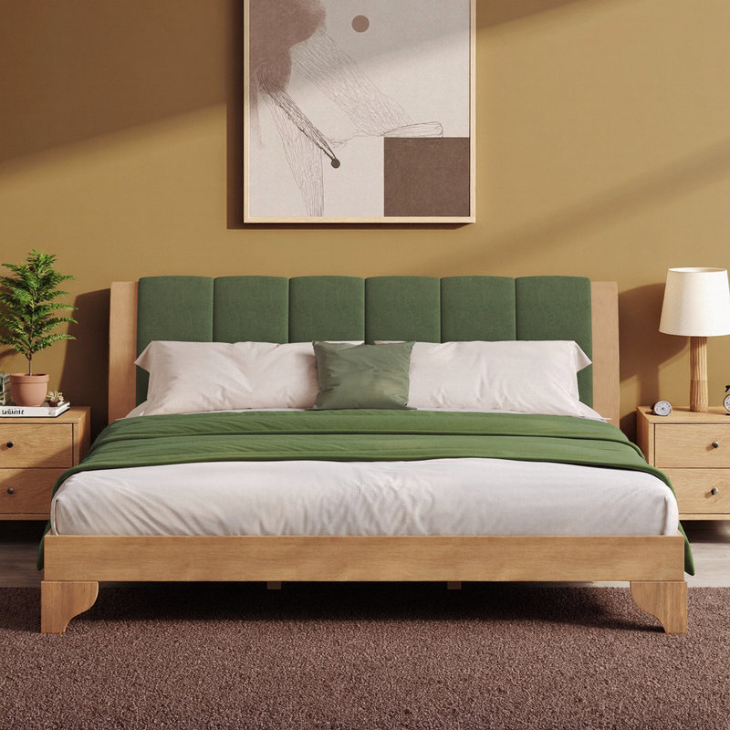 ​​King Size Upholstered Bed – Walnut /Natural & Green Elegance​, Brown, King