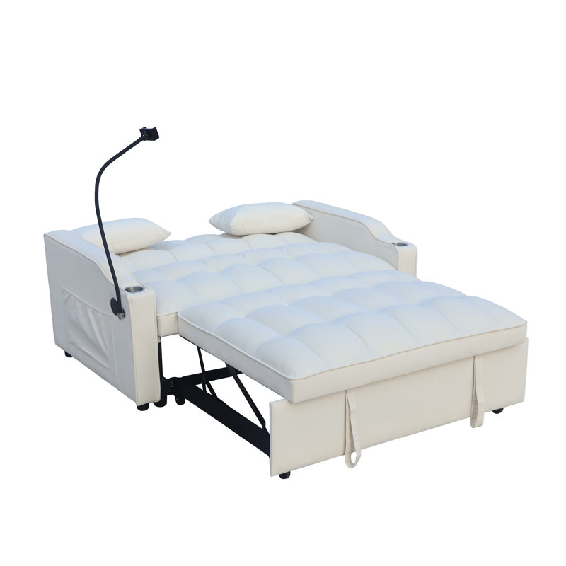 Canapé-lit futon en velours 3 en 1 - Canapé-lit escamotable avec dossier réglable, coussins et poches pour le salon, Blanc
