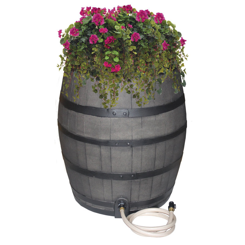EMSCO Group Weather Resistant Plastic Rain Barrel and Hose with Diverter Kit, Gray with Black Hoops