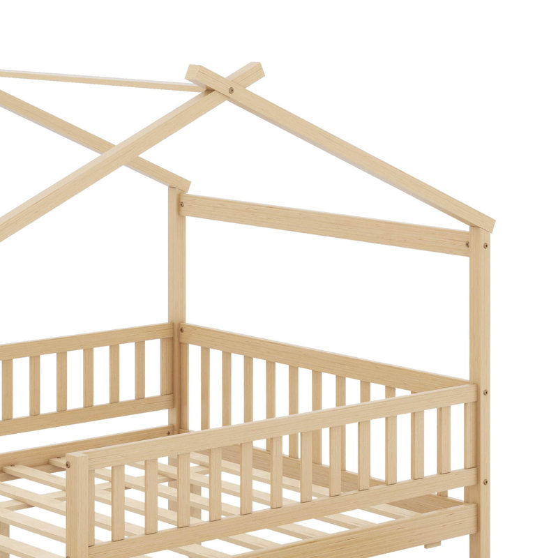 Full Size Wooden House Bed With Drawers, Naturel