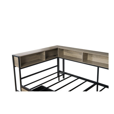 Corner Bed Frame Twin Size With Bookcase And 2 Underbed Storage Drawers, Modern Twin Bed With LED Light And Charging Station, Modern Daybed Reversible Left Or Right, Grey
