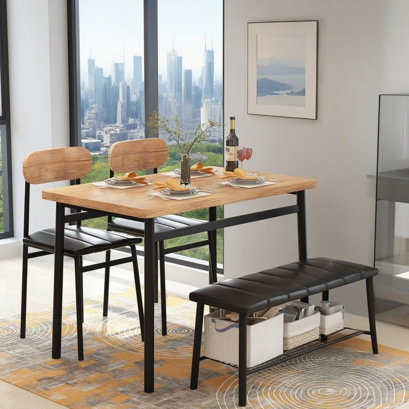 Ensemble de table de salle à manger pour 4 personnes, table de cuisine avec 1 banc rembourré et 2 chaises, ensemble de table de cuisine et de chaises 4 pièces pour petit espace, brun rustique