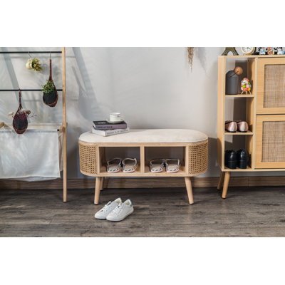 Banc de rangement en velours et rotin Dowdell